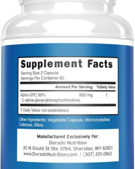 Alpha GPC Choline Capsules – 120 Count, 600mg Servings (Brain Support Aid that Supports Focus, Memory, Motivation, & Energy (Third Party Tested, Vegan Safe Made in the USA) Brain Support Supplement