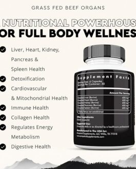 Ancestral Supplements Grass Fed Beef Organ Supplement, Supports Whole Body Wellness with Proprietary Blend of Liver, Heart, Kidney, Pancreas, Spleen, Freeze-Dried Beef, Non-GMO, 180 Capsules